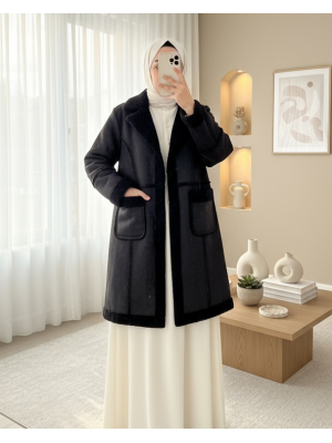 İçi Peluşlu Çıtçıtlı Cepli Deri Mont -Siyah