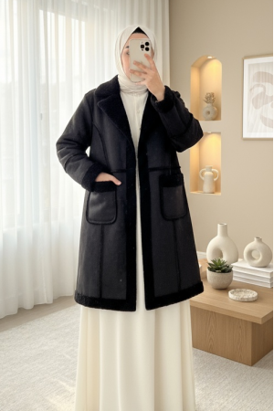 Leather Jacket with Plush Inside and Snap Pockets -Black