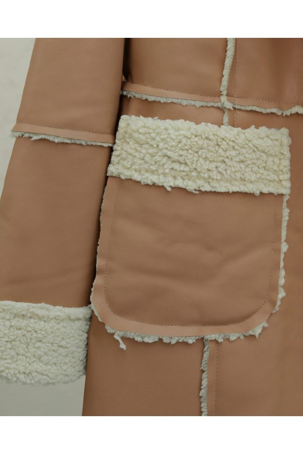 İçi Peluşlu Çıtçıtlı Cepli Deri Mont -Vizon