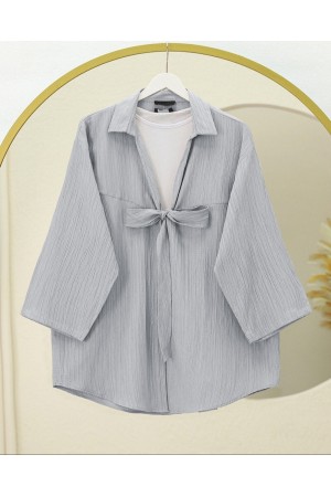 Front Tie Crinkle Kimono  -Grey