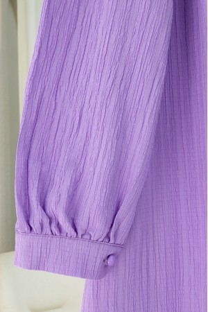 Top Düğmeli V Yaka Krinkıl Gömlek -Lila