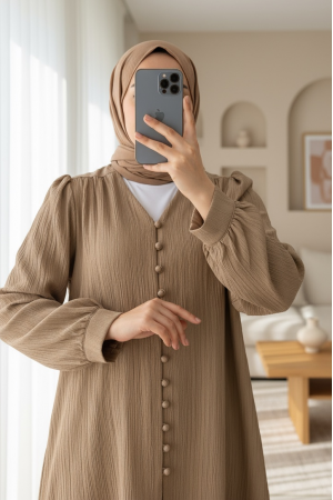 Top Düğmeli V Yaka Krinkıl Gömlek -Vizon