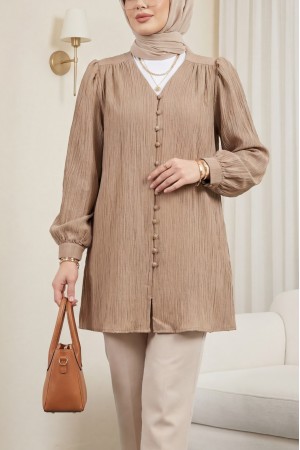 Top Düğmeli V Yaka Krinkıl Gömlek -Vizon