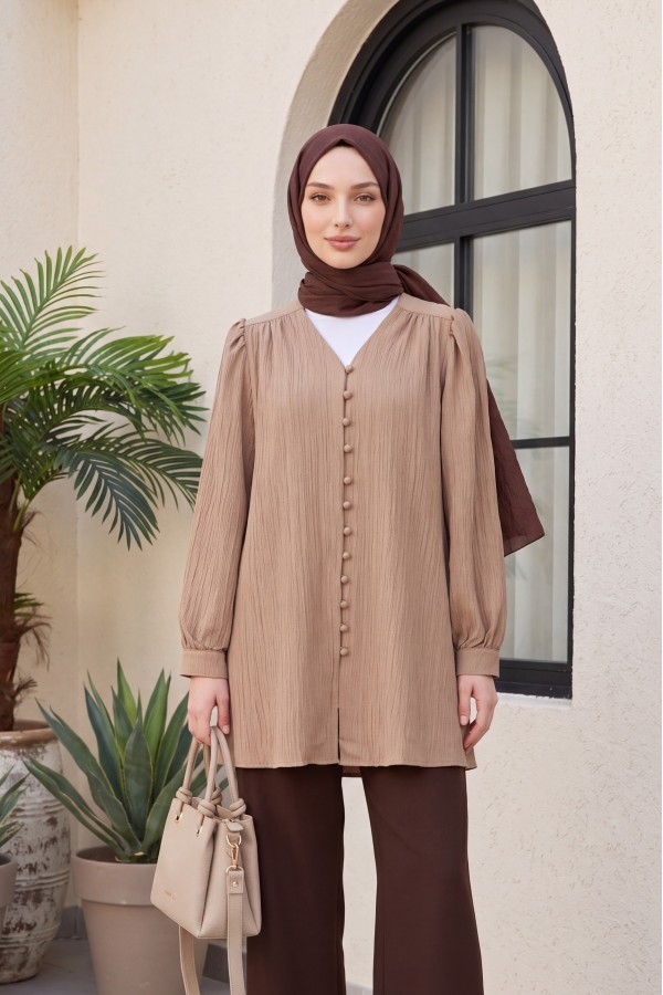 Top Button V-Neck Crinkle Shirt -Mink color