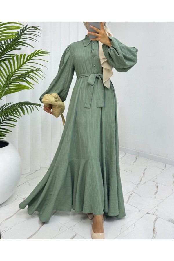 Pearl Detailed Balloon Sleeve Skirt Flounce Half Button Dress -Cagla Green