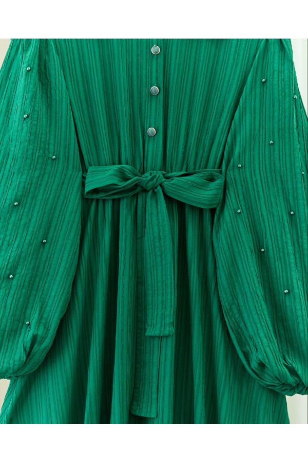 Pearl Detailed Balloon Sleeve Skirt Flounce Half Button Dress -Emerald