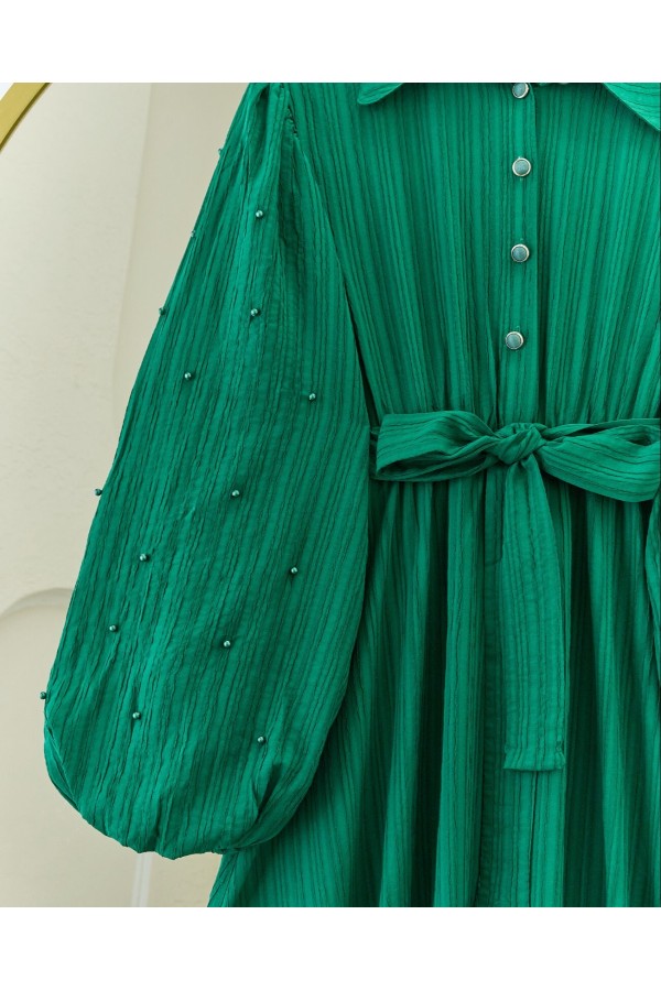 Pearl Detailed Balloon Sleeve Skirt Flounce Half Button Dress -Emerald
