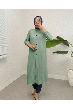 تونيك طويل مجعد برقبة بأزرار وأكمام مرنة  -لون النعناع