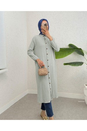 تونيك طويل مجعد برقبة بأزرار وأكمام مرنة   -رمادي فاتح