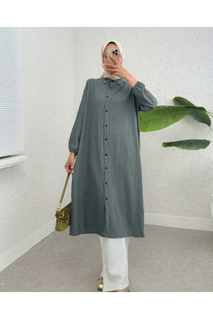 تونيك طويل مجعد برقبة بأزرار وأكمام مرنة   -لون مدخن