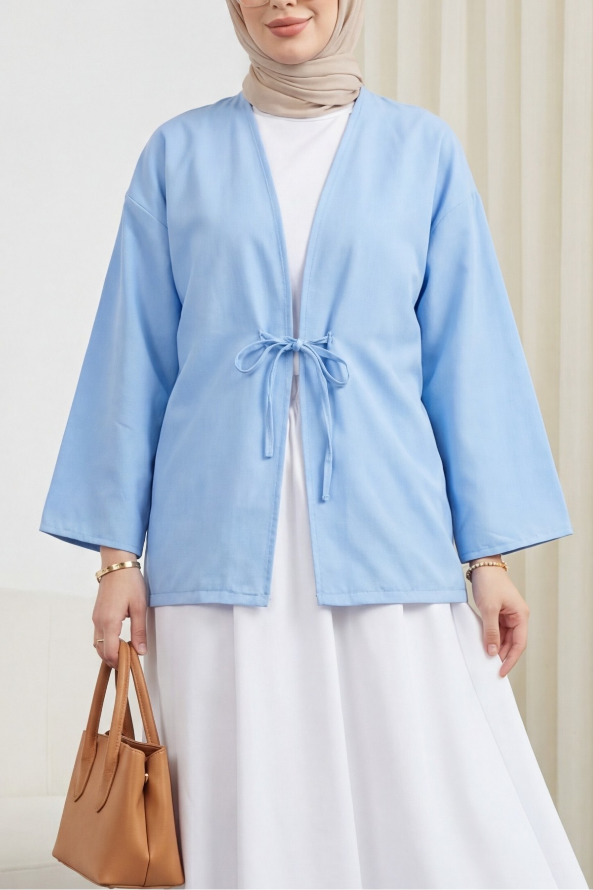 Önü Bağcıklı Poplin Kimono -Bebe Mavi
