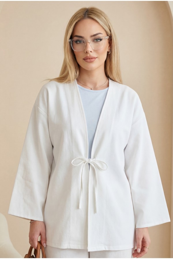 Önü Bağcıklı Poplin Kimono -Beyaz