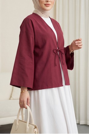 Önü Bağcıklı Poplin Kimono -Bordo