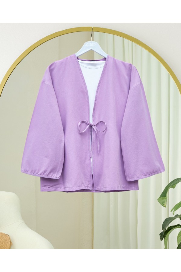 Önü Bağcıklı Poplin Kimono -Lila