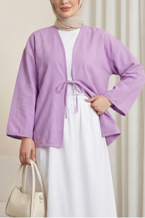 Önü Bağcıklı Poplin Kimono -Lila