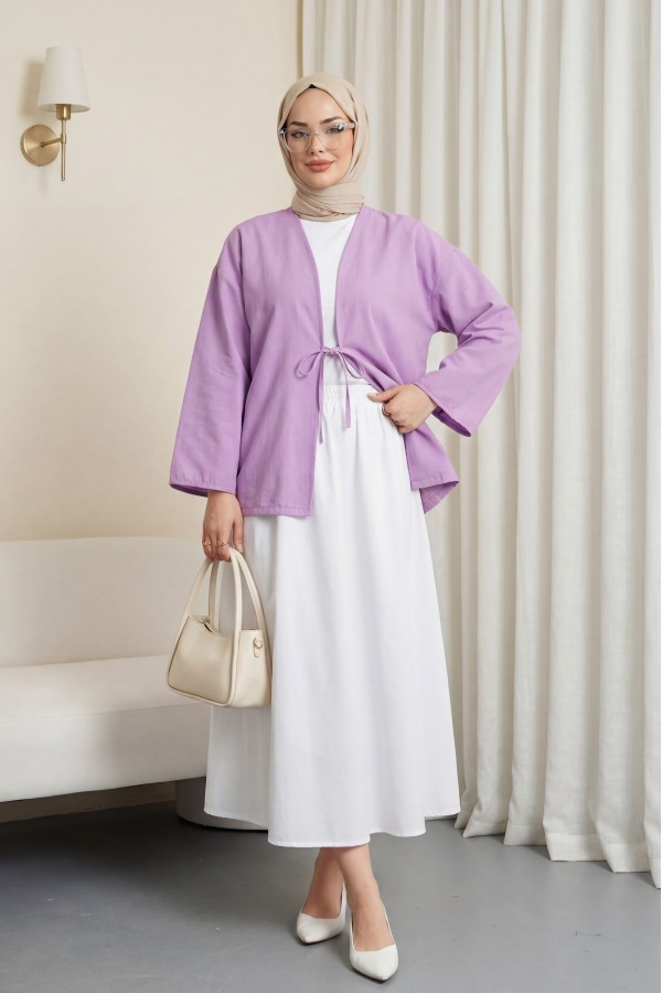 Önü Bağcıklı Poplin Kimono -Lila