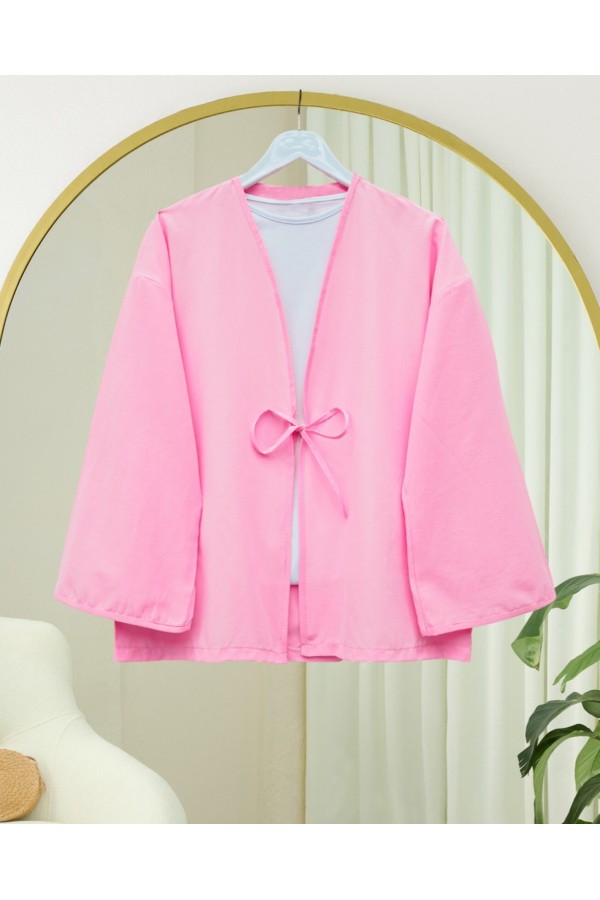 Önü Bağcıklı Poplin Kimono -Pembe