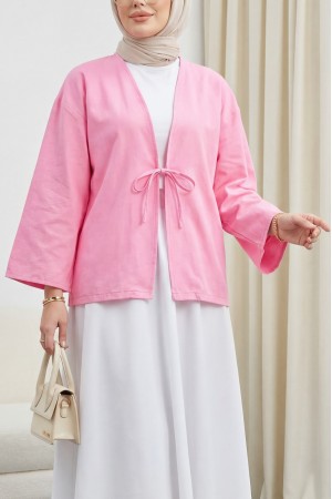Önü Bağcıklı Poplin Kimono -Pembe