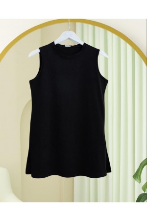 Yuvarlak Yaka Yırtmaçlı Sıfır Kol Penye İçlik -Siyah