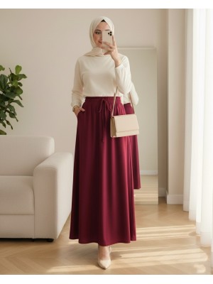 Beli Bağcıklı Lastikli Cepli Penye Etek  -Bordo