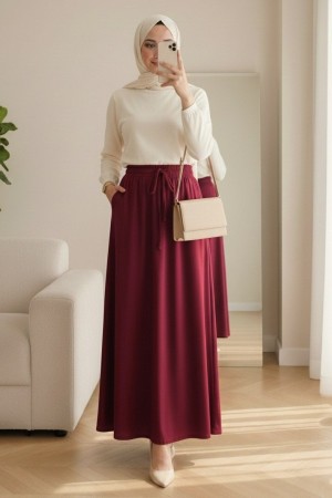 Beli Bağcıklı Lastikli Cepli Penye Etek  -Bordo