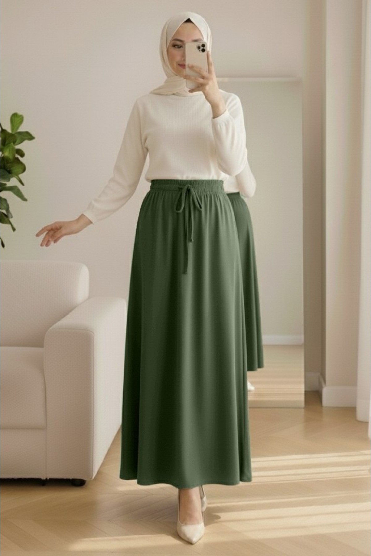 Elasticated Combed Cotton Skirt with Tied Waist and Pocket -Khaki