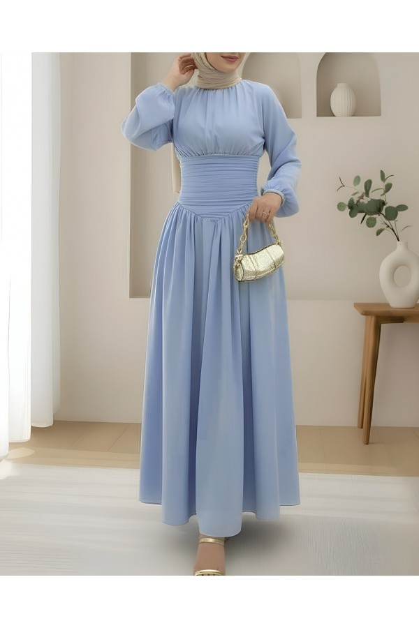 Poplin Dress with Pleated Front and Elasticated Sleeves and Zipper -Light blue