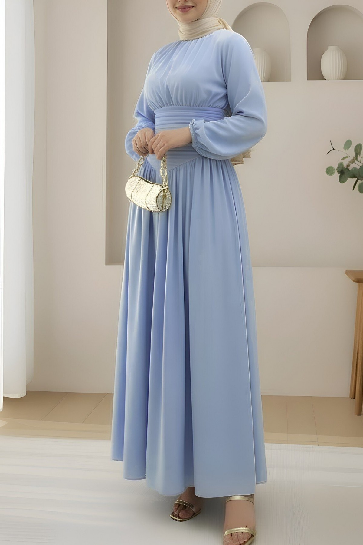 Poplin Dress with Pleated Front and Elasticated Sleeves and Zipper -Light blue