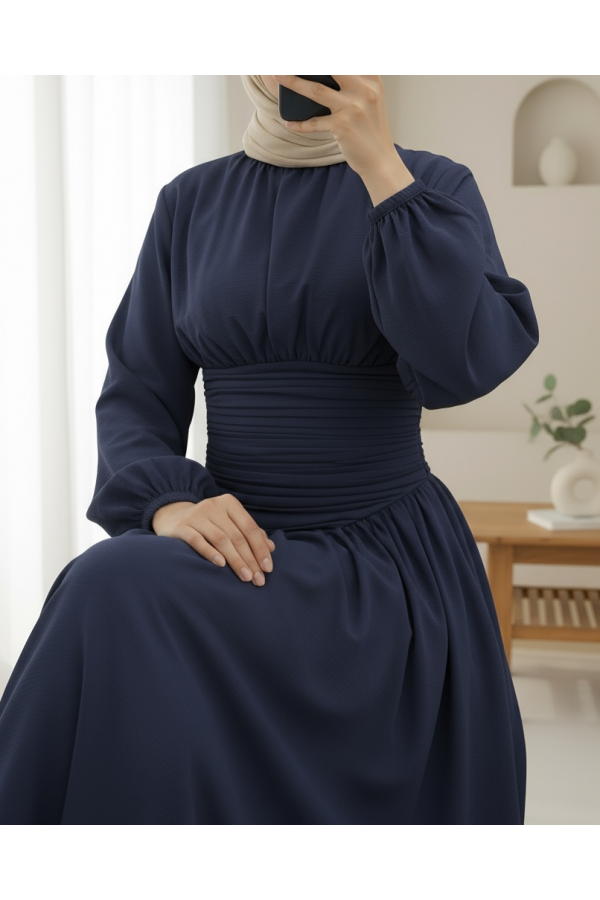 Poplin Dress with Pleated Front and Elasticated Sleeves and Zipper -Navy blue