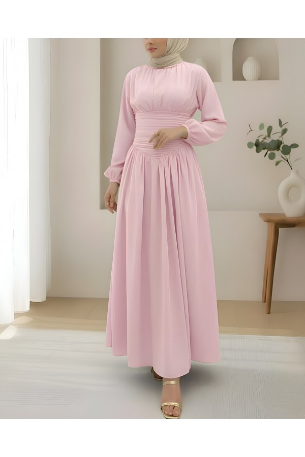 Poplin Dress with Pleated Front and Elasticated Sleeves and Zipper -Pink