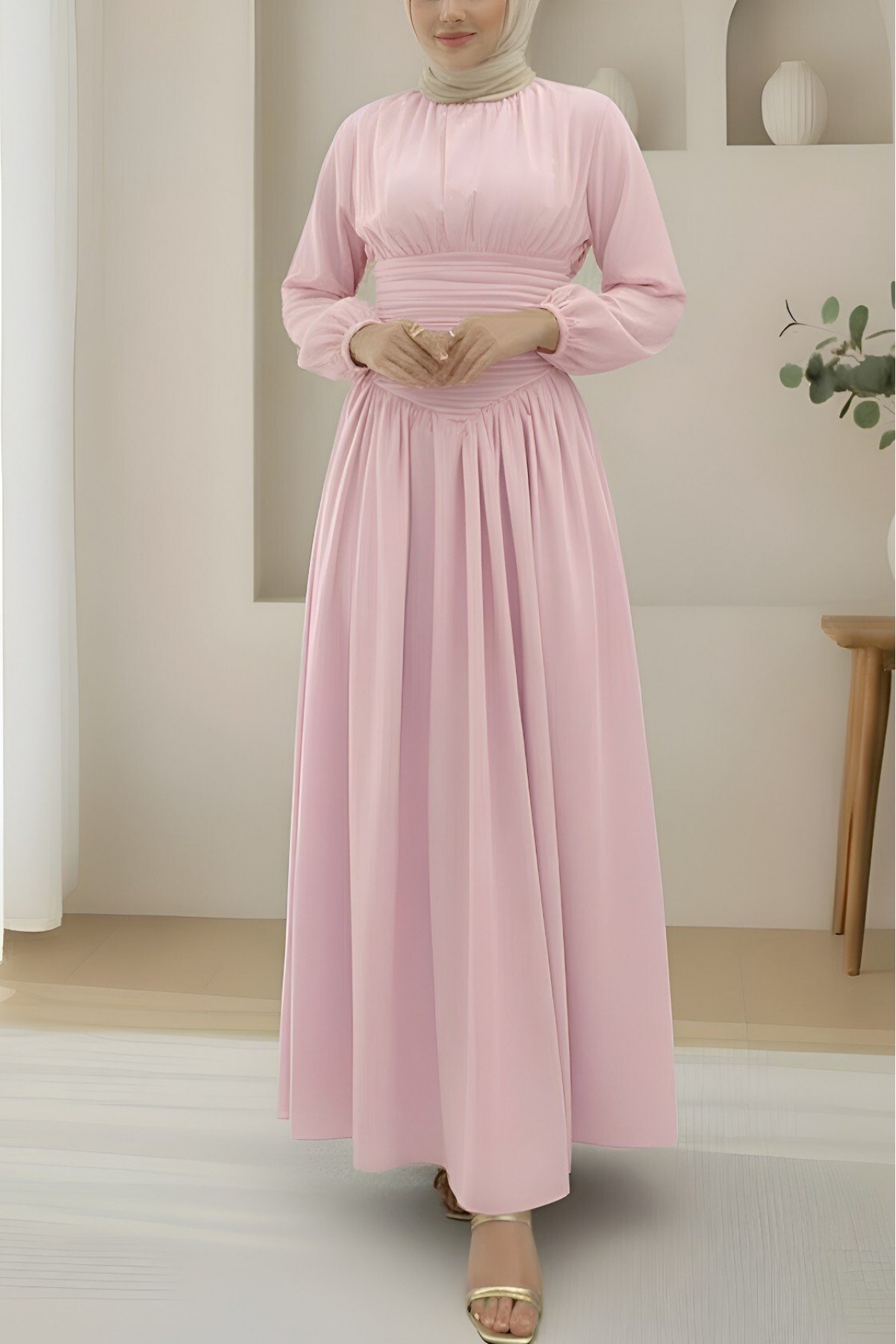 Poplin Dress with Pleated Front and Elasticated Sleeves and Zipper -Pink