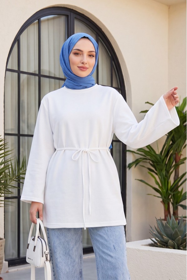 Yuvarlak Yaka Beli Bağlamalı Penye Tunik -Beyaz
