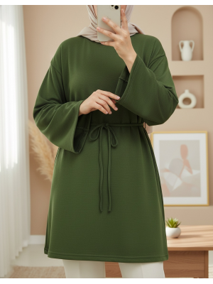 Yuvarlak Yaka Beli Bağlamalı Penye Tunik -Haki