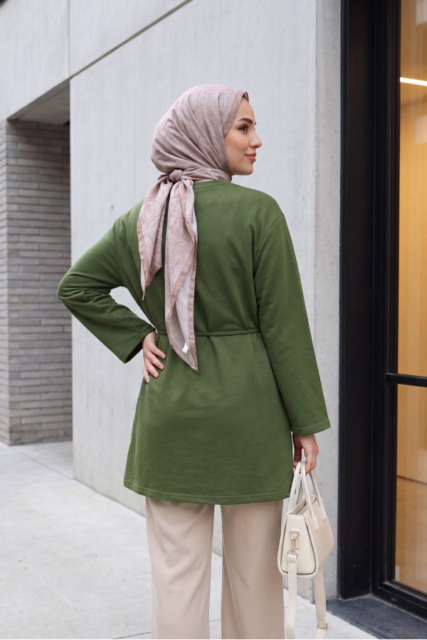 Round Neck Tied Waist Combed Cotton Tunic -Khaki