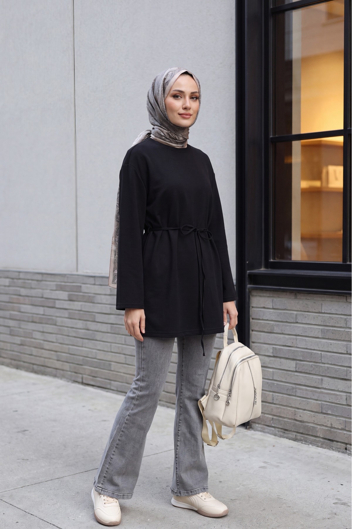 Round Neck Tied Waist Combed Cotton Tunic -Black