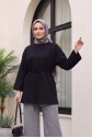 تونيك قطني ممشط برقبة دائرية وخصر مربوط -أسود