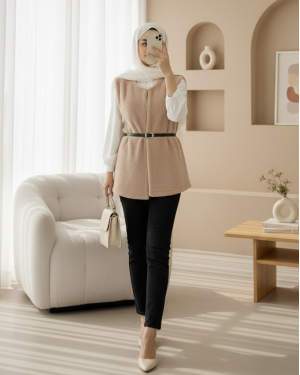 Waist Belted Double Pocket Lined Plush Vest - Beige