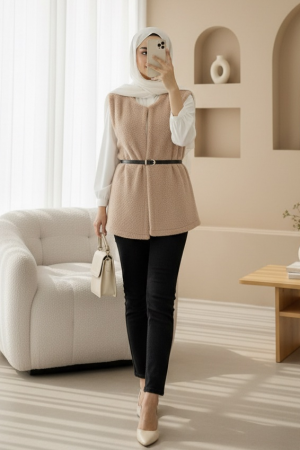 Beli Kemerli Çift Cepli Astarlı Peluş Yelek -Bej