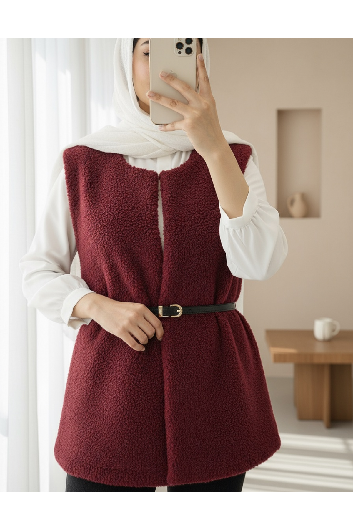 Waist Belted Double Pocket Lined Plush Vest -Maroon