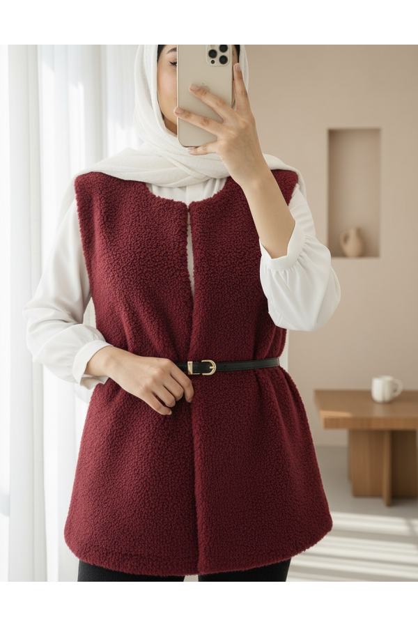 Beli Kemerli Çift Cepli Astarlı Peluş Yelek -Bordo