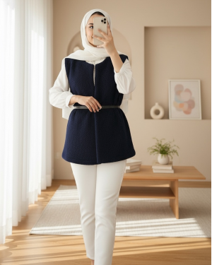 Waist Belted Double Pocket Lined Plush Vest -Navy blue