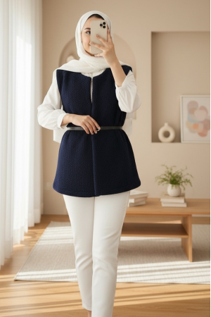 Beli Kemerli Çift Cepli Astarlı Peluş Yelek -Laci