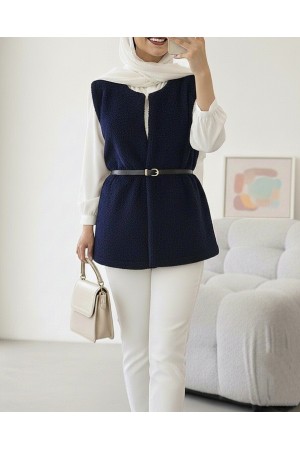 Beli Kemerli Çift Cepli Astarlı Peluş Yelek -Laci