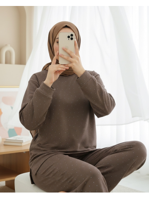 Serpme Taş Detaylı Pantolonlu Oysho Takım -Açık Kahve