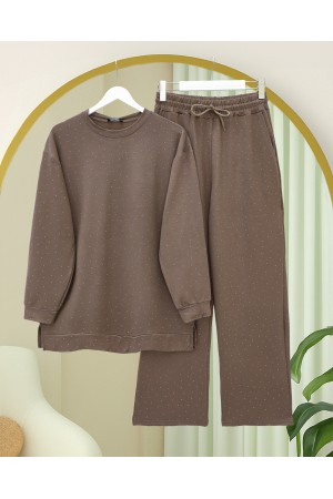 Oysho Suit with Scattered Stone Detailed Trousers -Light coffee