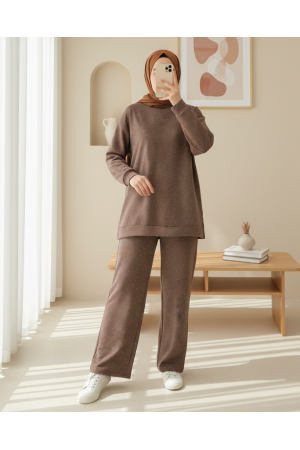 Oysho Suit with Scattered Stone Detailed Trousers -Light coffee