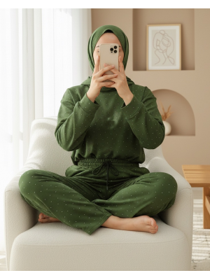 Serpme Taş Detaylı Pantolonlu Oysho Takım -Koyu Yeşil