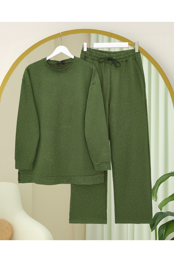 Oysho Suit with Scattered Stone Detailed Trousers -Dark green