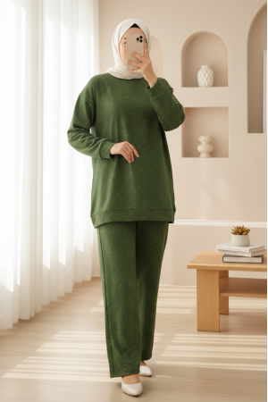 Serpme Taş Detaylı Pantolonlu Oysho Takım -Koyu Yeşil