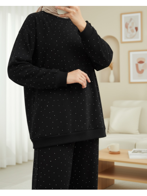 Serpme Taş Detaylı Pantolonlu Oysho Takım -Siyah